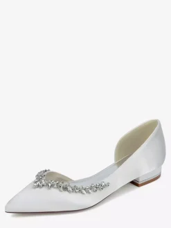 Satin Flat Wedding Shoes Pointed Toe Rhinestones Slip On Bridal Shoes