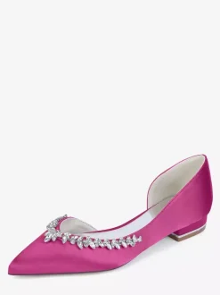 Satin Flat Wedding Shoes Pointed Toe Rhinestones Slip On Bridal Shoes
