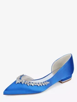 Satin Flat Wedding Shoes Pointed Toe Rhinestones Slip On Bridal Shoes
