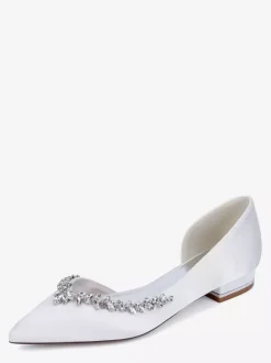 Satin Flat Wedding Shoes Pointed Toe Rhinestones Slip On Bridal Shoes