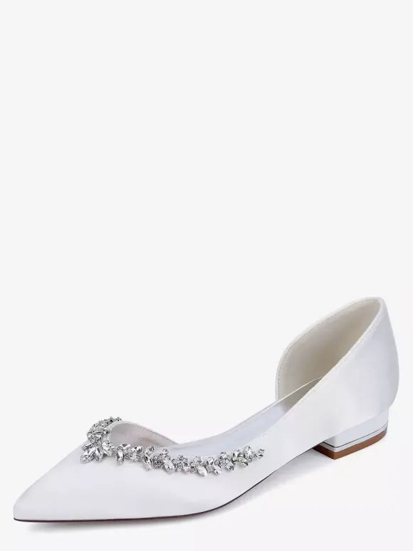 Satin Flat Wedding Shoes Pointed Toe Rhinestones Slip On Bridal Shoes