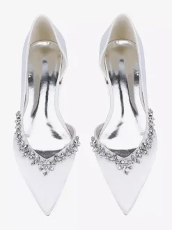 Satin Flat Wedding Shoes Pointed Toe Rhinestones Slip On Bridal Shoes