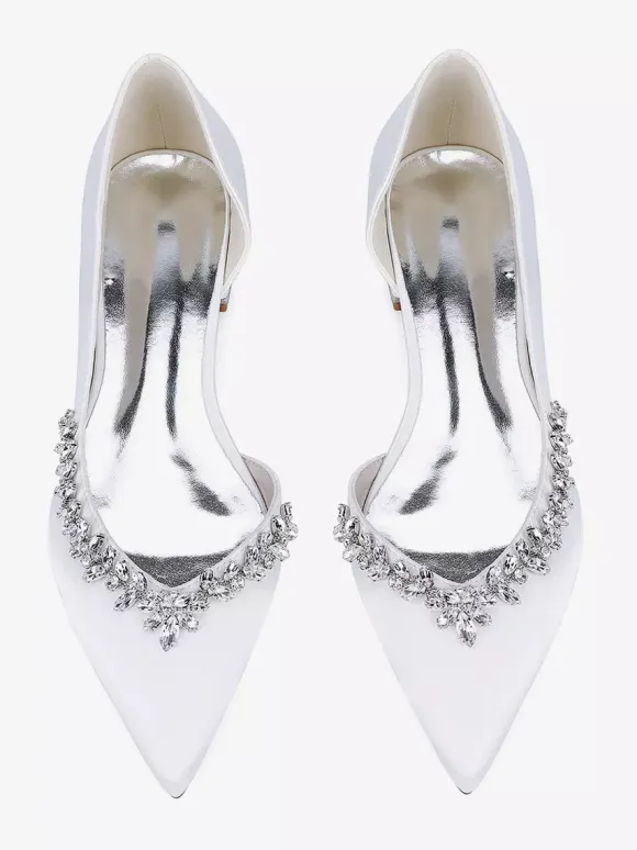 Satin Flat Wedding Shoes Pointed Toe Rhinestones Slip On Bridal Shoes