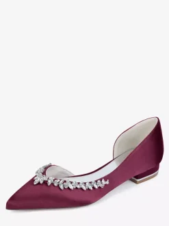 Satin Flat Wedding Shoes Pointed Toe Rhinestones Slip On Bridal Shoes