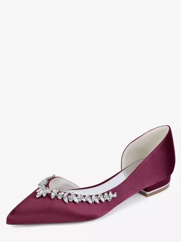 Satin Flat Wedding Shoes Pointed Toe Rhinestones Slip On Bridal Shoes