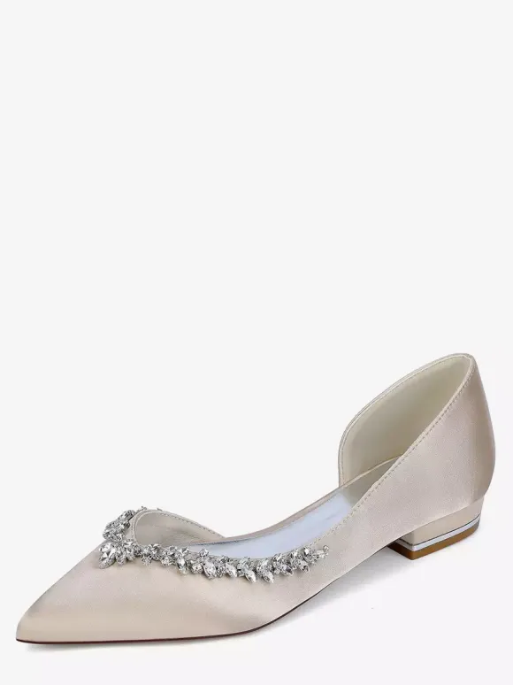 Satin Flat Wedding Shoes Pointed Toe Rhinestones Slip On Bridal Shoes