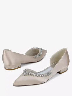 Satin Flat Wedding Shoes Pointed Toe Rhinestones Slip On Bridal Shoes