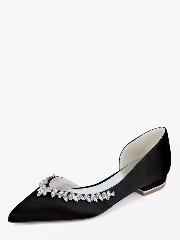 Satin Flat Wedding Shoes Pointed Toe Rhinestones Slip On Bridal Shoes