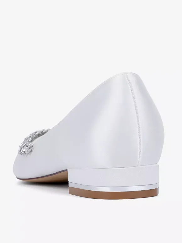 Satin Flat Wedding Shoes Pointed Toe Rhinestones Slip On Bridal Shoes