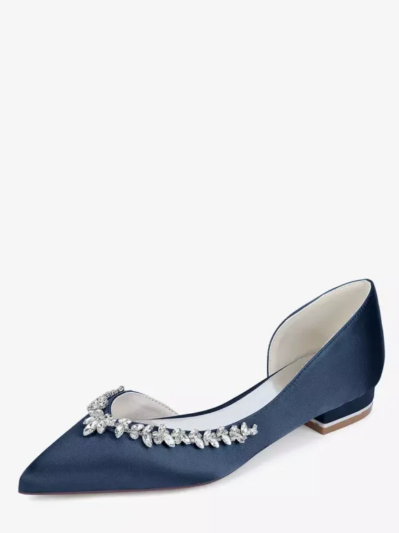 Satin Flat Wedding Shoes Pointed Toe Rhinestones Slip On Bridal Shoes
