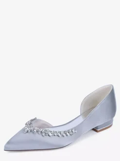Satin Flat Wedding Shoes Pointed Toe Rhinestones Slip On Bridal Shoes