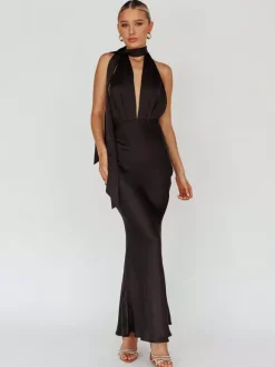Satin Halter Maxi Dress For Women - Elegant Backless Deep V Neck Mermaid Gown With Scarf - Summer Wedding Guest 2026