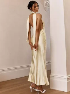 Satin Halter Maxi Dress For Women - Elegant Backless Deep V Neck Mermaid Gown With Scarf - Summer Wedding Guest 2026