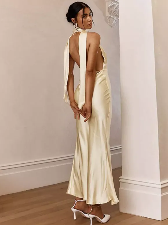 Satin Halter Maxi Dress For Women - Elegant Backless Deep V Neck Mermaid Gown With Scarf - Summer Wedding Guest 2026
