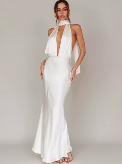 Satin Halter Maxi Dress For Women - Elegant Backless Deep V Neck Mermaid Gown With Scarf - Summer Wedding Guest 2026