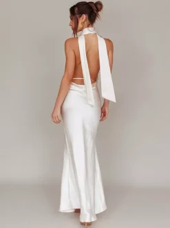Satin Halter Maxi Dress For Women - Elegant Backless Deep V Neck Mermaid Gown With Scarf - Summer Wedding Guest 2026