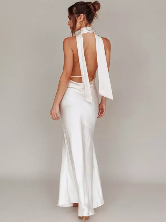 Satin Halter Maxi Dress For Women - Elegant Backless Deep V Neck Mermaid Gown With Scarf - Summer Wedding Guest 2026