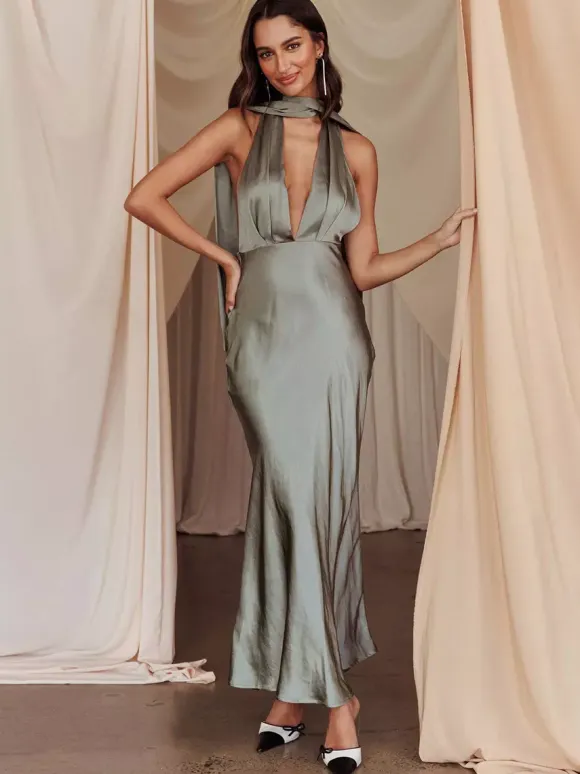 Satin Halter Maxi Dress For Women - Elegant Backless Deep V Neck Mermaid Gown With Scarf - Summer Wedding Guest 2026