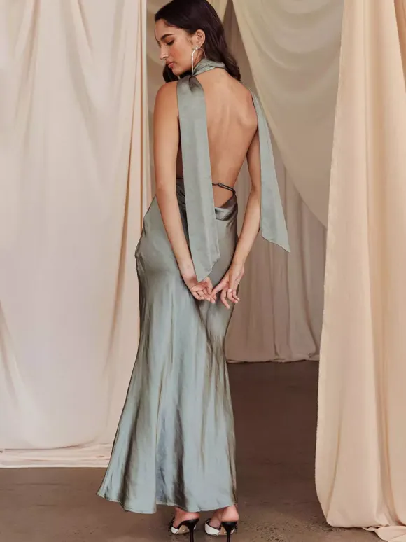 Satin Halter Maxi Dress For Women - Elegant Backless Deep V Neck Mermaid Gown With Scarf - Summer Wedding Guest 2026