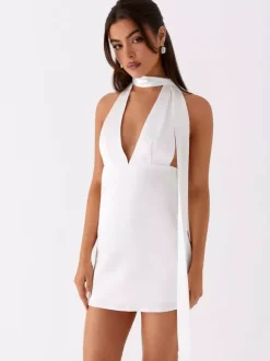 Satin Halter Mini Dress For Women - Backless Deep V Neck Short Gown With Scarf - Summer Cocktail Club 2026