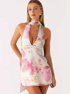 Satin Halter Mini Dress For Women - Backless Deep V Neck Short Gown With Scarf - Summer Cocktail Club 2026
