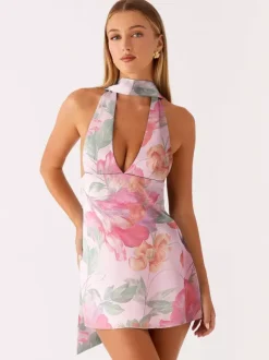 Satin Halter Mini Dress For Women - Backless Deep V Neck Short Gown With Scarf - Summer Cocktail Club 2026
