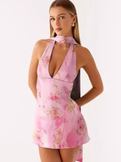 Satin Halter Mini Dress For Women - Backless Deep V Neck Short Gown With Scarf - Summer Cocktail Club 2026