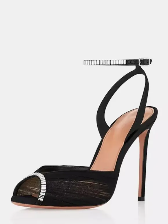 Satin High Heel Party Shoes Women's Peep Toe Rhinestones Pumps