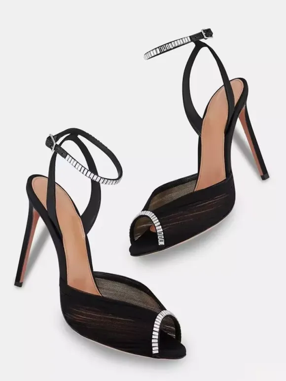 Satin High Heel Party Shoes Women's Peep Toe Rhinestones Pumps