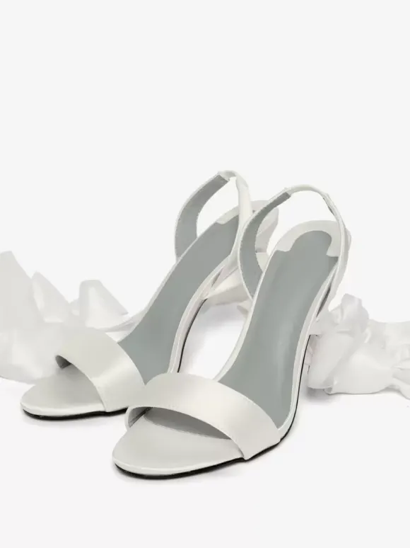 Satin High Heel Sandals White Lace Up Bow Round Toe Prom Shoes Ankle Strap Bridal Shoes