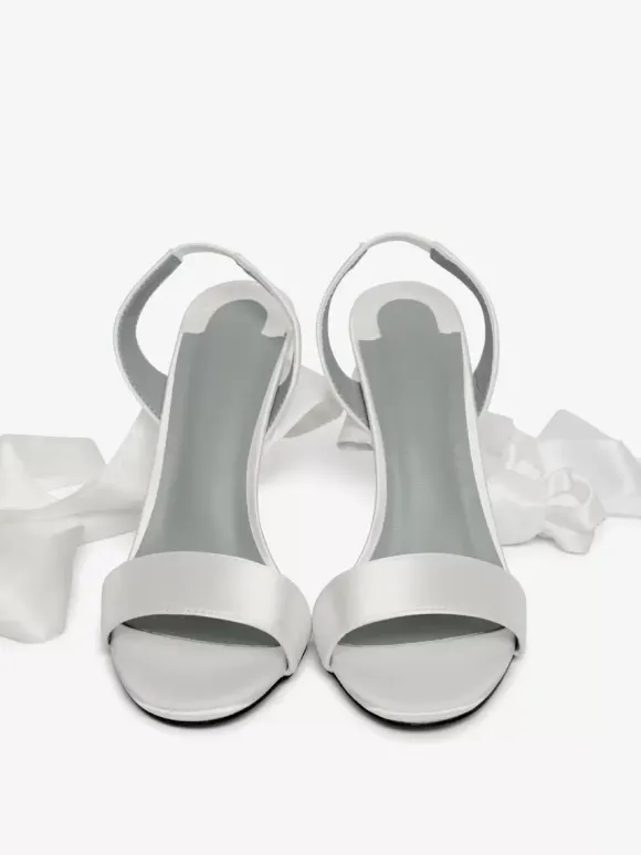 Satin High Heel Sandals White Lace Up Bow Round Toe Prom Shoes Ankle Strap Bridal Shoes