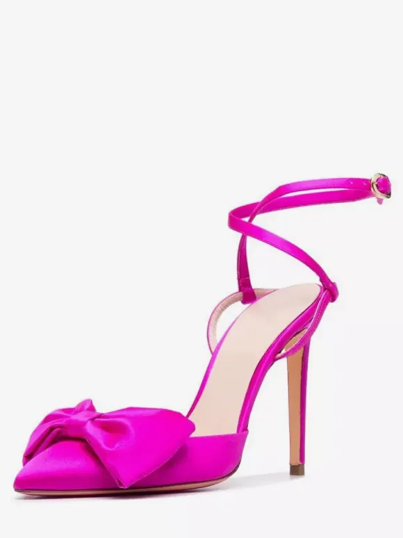 Satin High Heels Pointed Toe Bow Lace Up Stiletto Heel Pumps