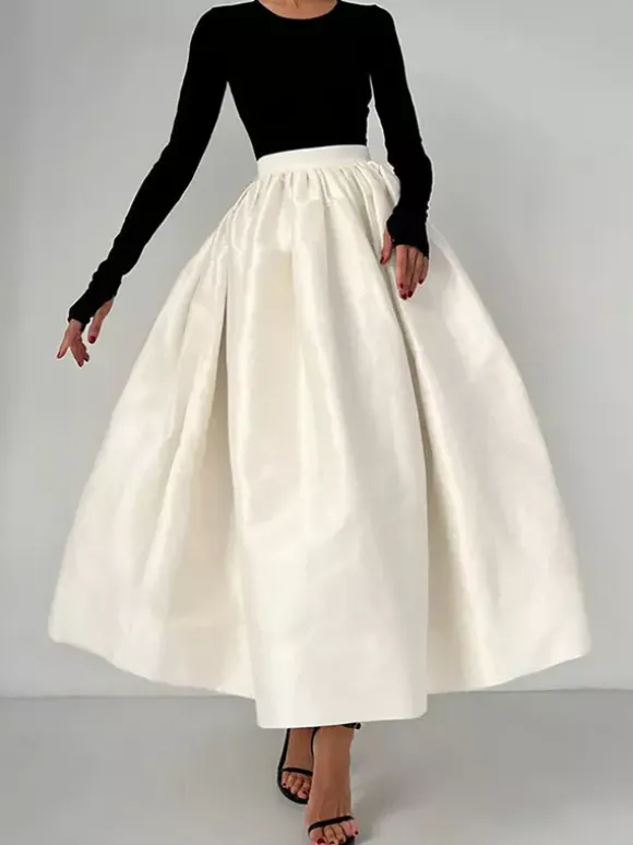 Satin High Waist Women Maxi Skirt - Elegant Pleated Full Swing - Royal Core Wedding Guest Party Skirt 2026