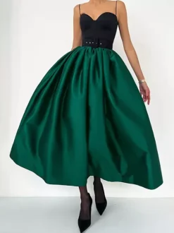 Satin High Waist Women Maxi Skirt - Elegant Pleated Full Swing - Royal Core Wedding Guest Party Skirt 2026
