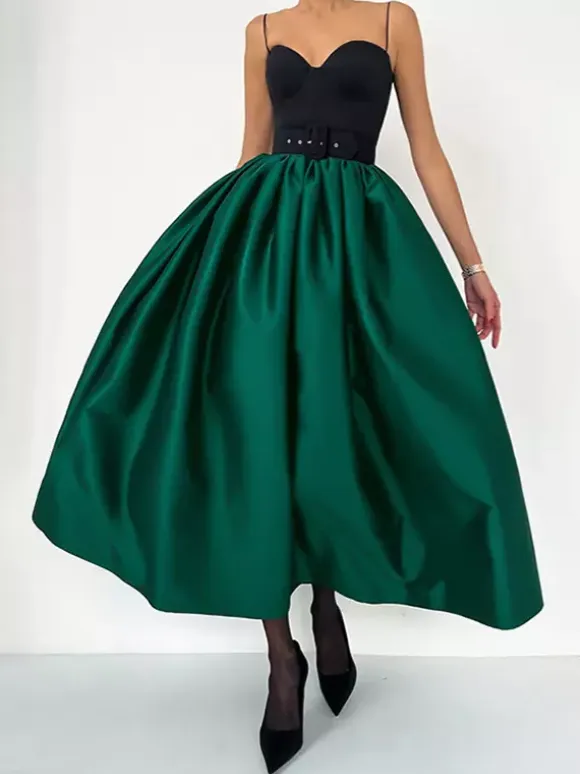 Satin High Waist Women Maxi Skirt - Elegant Pleated Full Swing - Royal Core Wedding Guest Party Skirt 2026