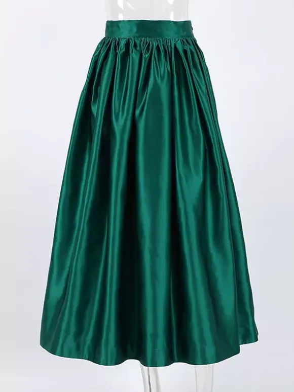 Satin High Waist Women Maxi Skirt - Elegant Pleated Full Swing - Royal Core Wedding Guest Party Skirt 2026
