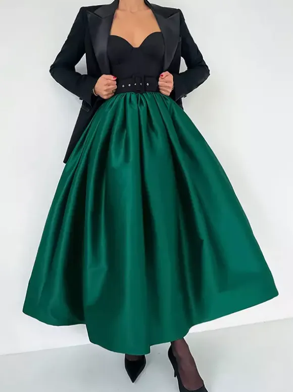 Satin High Waist Women Maxi Skirt - Elegant Pleated Full Swing - Royal Core Wedding Guest Party Skirt 2026