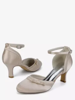 Satin Kitten Heel Wedding Shoes Round Toe Bow Bridal Shoes