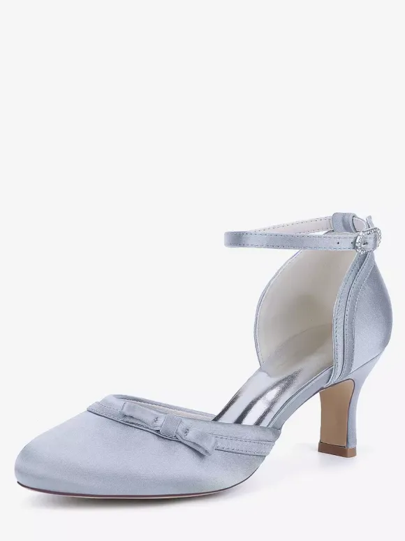 Satin Kitten Heel Wedding Shoes Round Toe Bow Bridal Shoes
