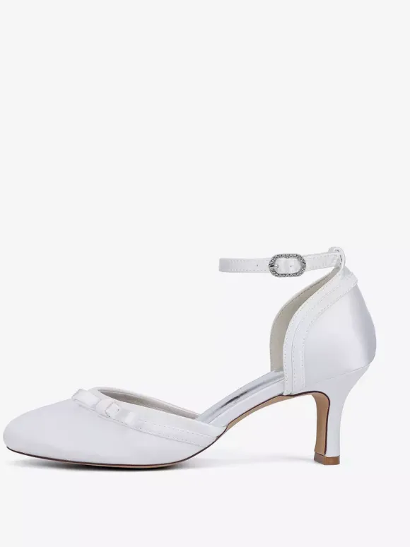 Satin Kitten Heel Wedding Shoes Round Toe Bow Bridal Shoes