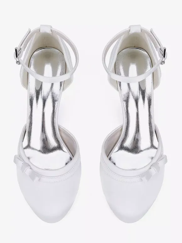 Satin Kitten Heel Wedding Shoes Round Toe Bow Bridal Shoes