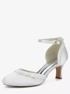 Satin Kitten Heel Wedding Shoes Round Toe Bow Bridal Shoes