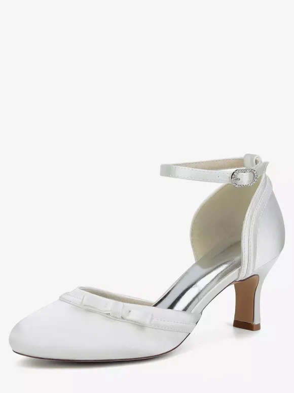 Satin Kitten Heel Wedding Shoes Round Toe Bow Bridal Shoes