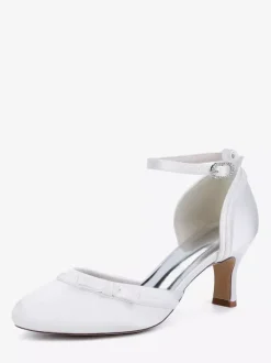 Satin Kitten Heel Wedding Shoes Round Toe Bow Bridal Shoes