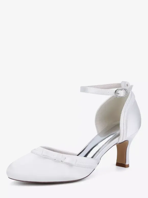 Satin Kitten Heel Wedding Shoes Round Toe Bow Bridal Shoes