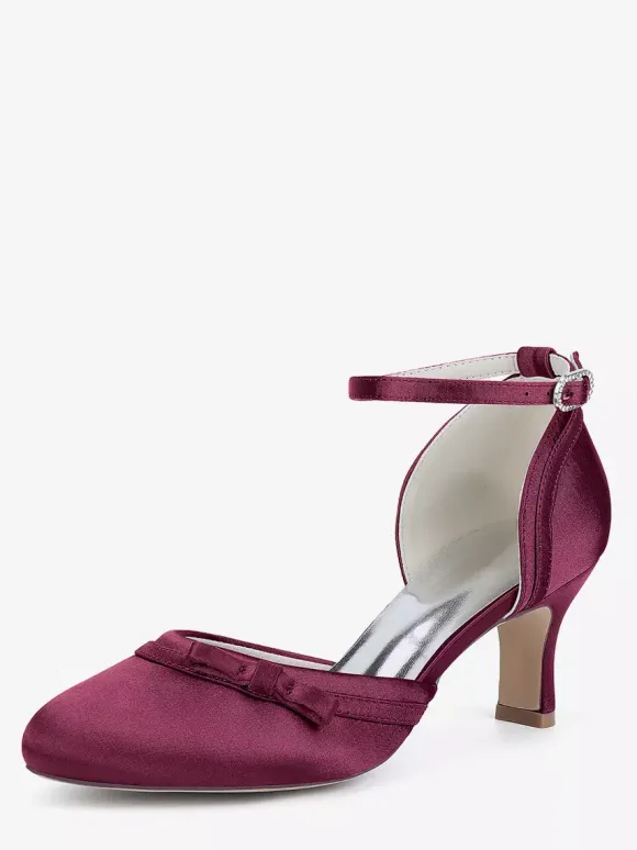 Satin Kitten Heel Wedding Shoes Round Toe Bow Bridal Shoes
