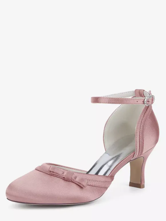 Satin Kitten Heel Wedding Shoes Round Toe Bow Bridal Shoes