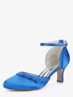 Satin Kitten Heel Wedding Shoes Round Toe Bow Bridal Shoes