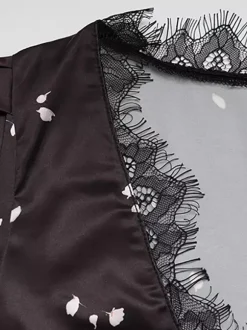 Satin Lace Patchwork Maxi Dress For Women - Black Floral Print V-Neck Short Sleeve Slim Fit - Summer Night Out 2026