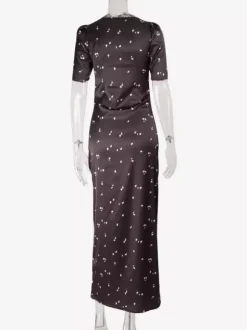 Satin Lace Patchwork Maxi Dress For Women - Black Floral Print V-Neck Short Sleeve Slim Fit - Summer Night Out 2026